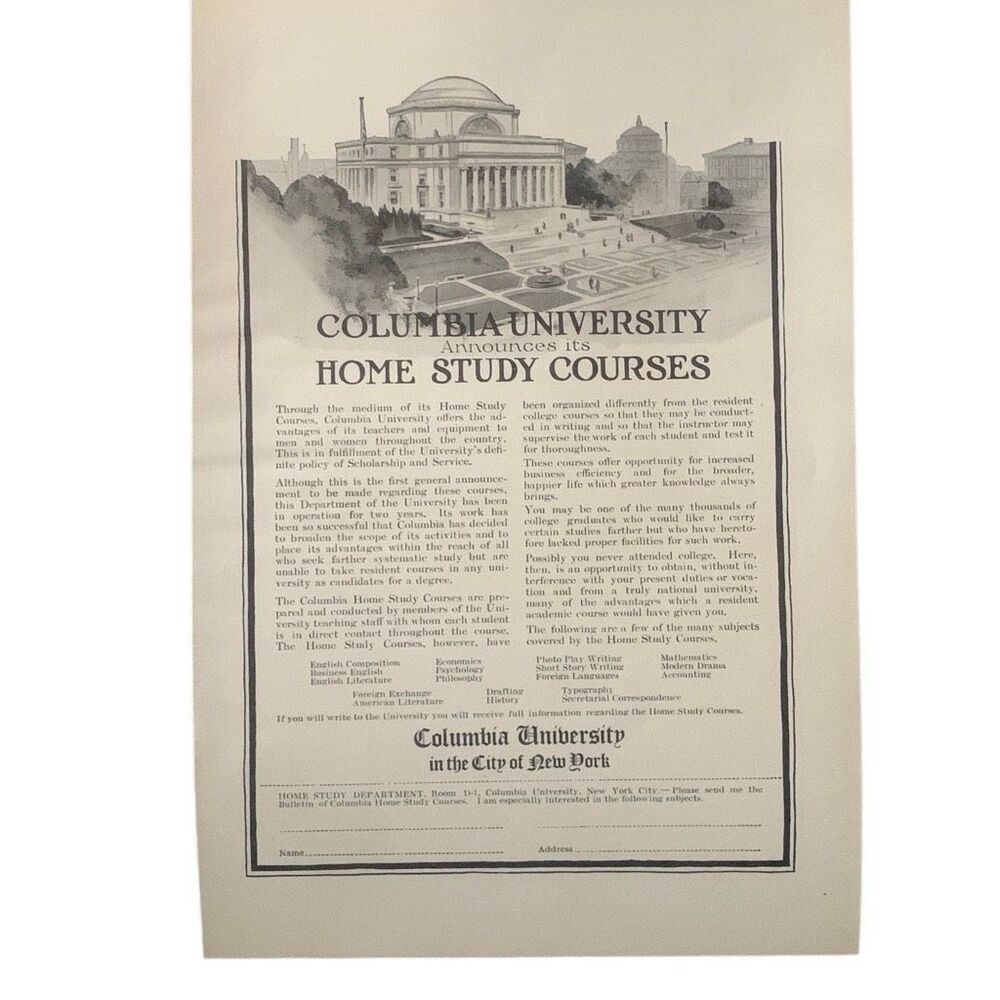 Vintage 1922 Columbia University Home Study Ad Advertisement